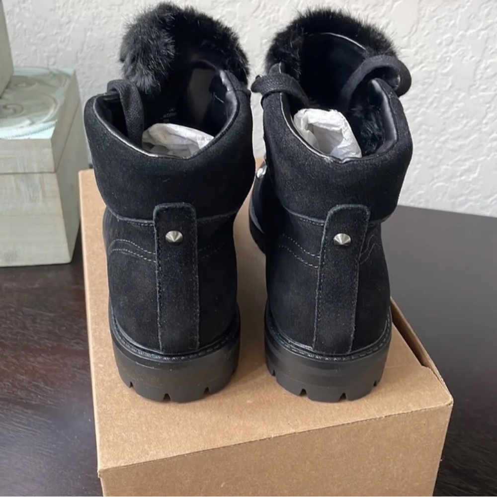Marc Fisher Black Suede Faux Fur Trim Lace Up Ankle Boots Hobson Size 7 NEW - Picture 4 of 7